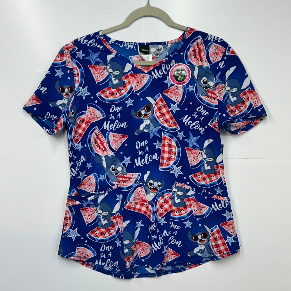 Disney Stitch One In A Melon Scrub Top Blue V-Neck‎ Stretch Summer Holiday S
